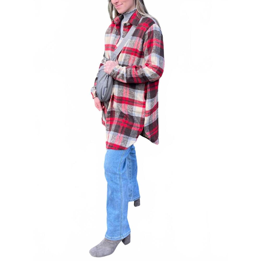 NEW ADORA long sleeve check shirt jacket - plus in ivory / red